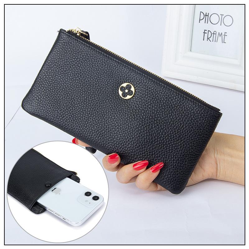 Top Layer Cowhide Women's Clutch: Genuine Leather Long Wallet with Three-Layer Zipper, Large Capacity, Wrist Strap.
