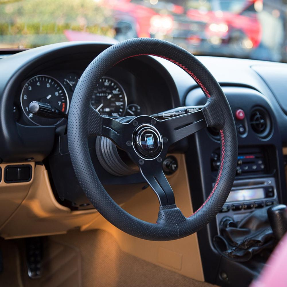 350mm 14in for NARDI Style 6 Bolt Half Dish Black Perforated Leather Racing Steering Wheel W  Horn