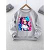 Girl's Round Neck Sweatshirt with Cartoon Twin-Tail Girl and Heart Print, Ideal for Casual Wear