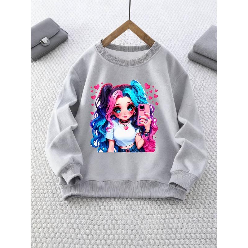 Girl's Round Neck Sweatshirt with Cartoon Twin-Tail Girl and Heart Print, Ideal for Casual Wear