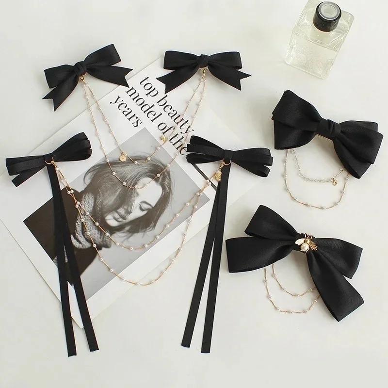 High-quality Bow Pearls Chain Barrettes Hairpins for Women Rhinestone Spring Hair Clips Ribbon Headband Ponytail Hair Accessory
