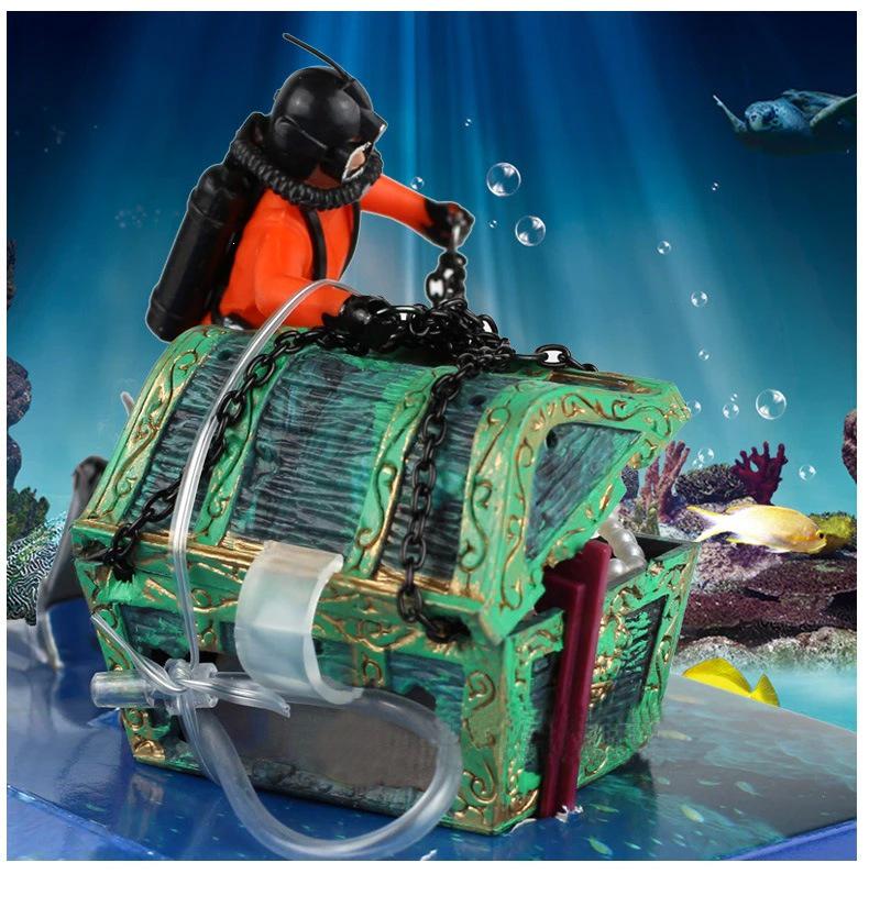 Decoración de Acuario Cofre del Tesoro Neumático y Hombre Rana Caballito de Mar Americano