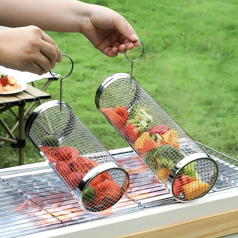 3 st grillkorg + grillgaffel + krok Rostfritt stål BBQ grillset Bärbar utomhusgrillkorg Matlagningsställ Grilltillbehör