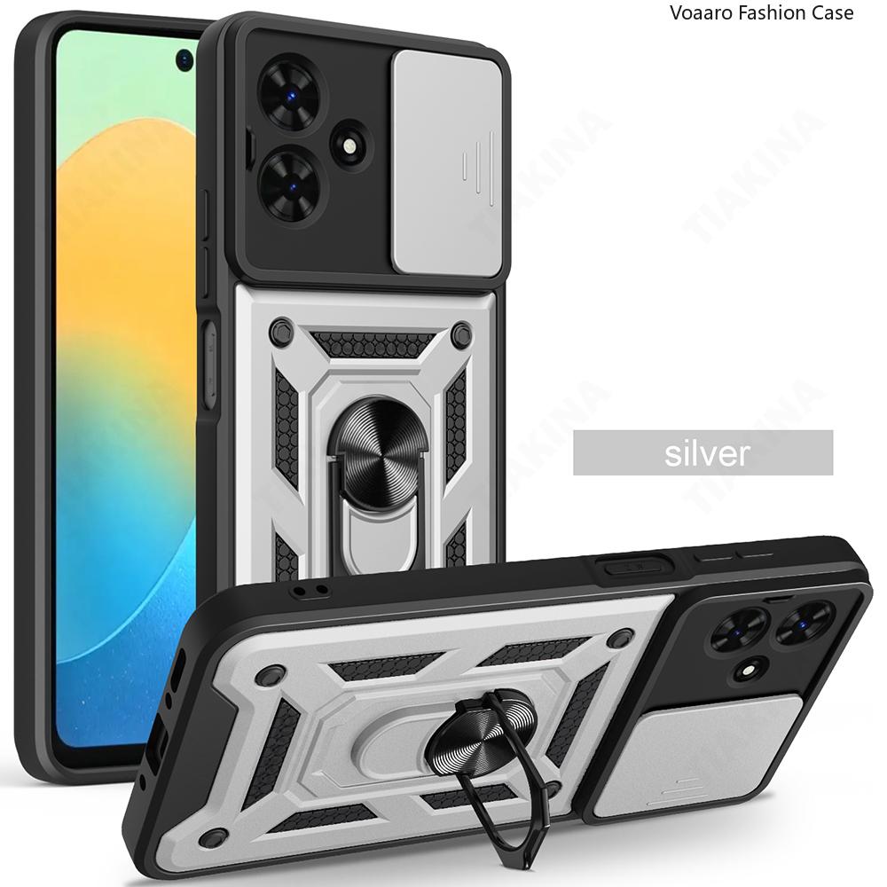 

Чехол с защитой объектива-слайдера для Tecno Pop 10 4G, чехол для Infinix Smart 10 4G, чехол с магнитной подставкой-кольцом, противоударная накладка Infinix Smart 10 4G серебряный