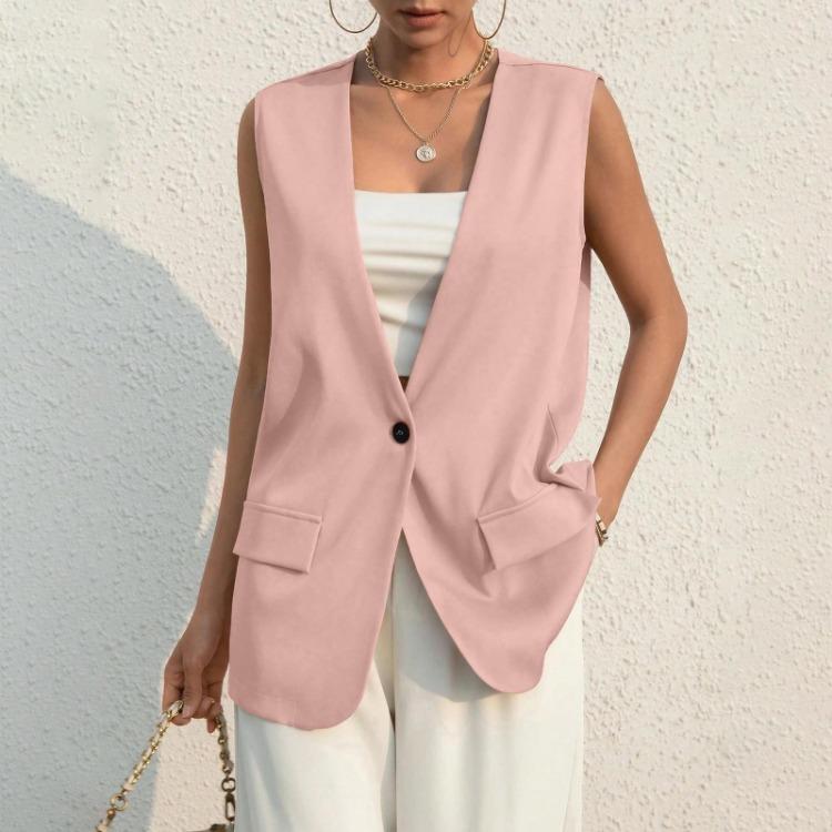 Women's Casual Summer Work Suit Vest Sleeveless V Neck Single Button Solid Color Jacket