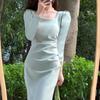 Women Spring Dress Square Neck Long Sleeve Slim Fit Tight Waist Pure Color Split Retro Elegant Lady Midi Dress