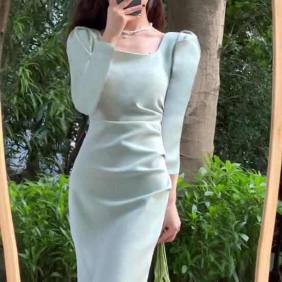Women Spring Dress Square Neck Long Sleeve Slim Fit Tight Waist Pure Color Split Retro Elegant Lady Midi Dress
