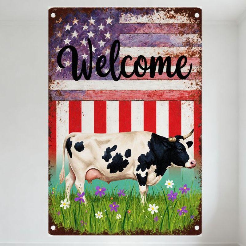 Vintage Rustic Welcome Metal Sign, American Flag & Dairy Cow Farmhouse Wall Decor, Distressed Aged Tin Plaque for Country Home G