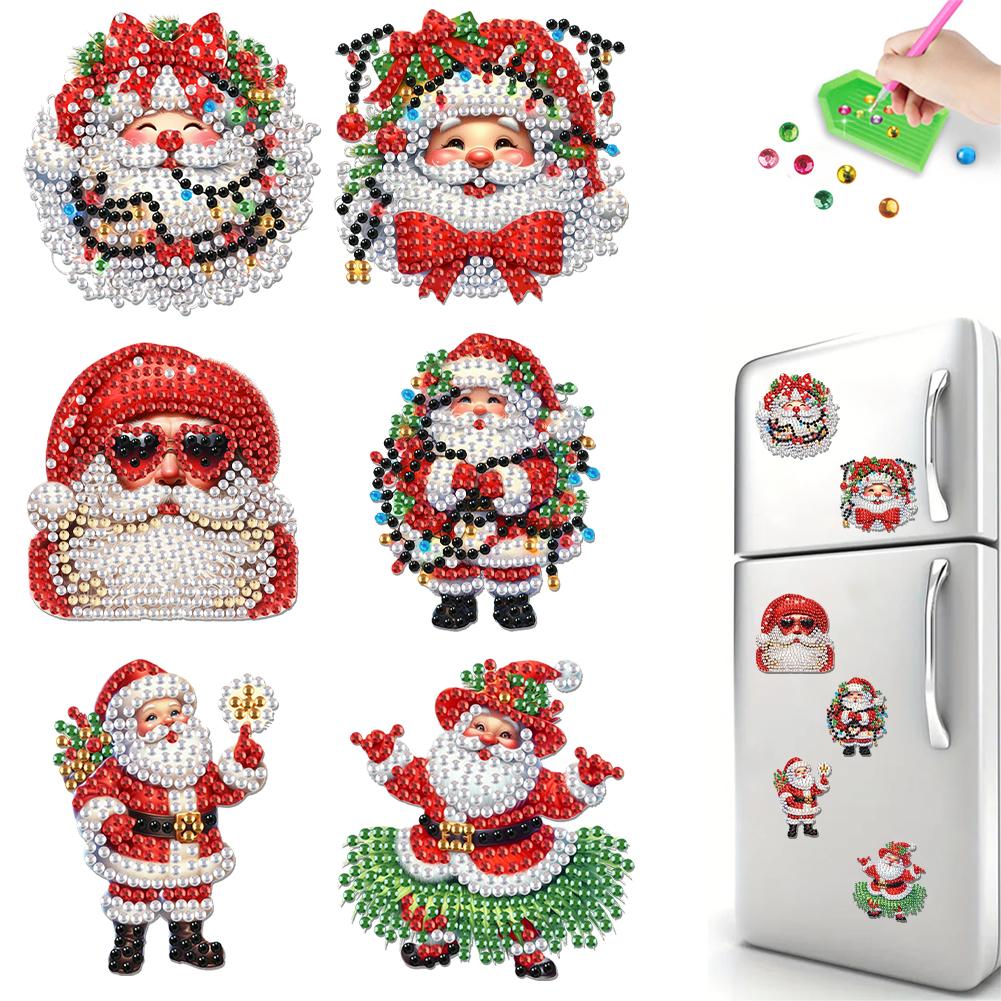 6Pcs Acrylic Christmas Santa Claus Diamond Art Fridge Magnet Diamond Painting Refrigerator Magnet for DIY Crafts Party Gift
