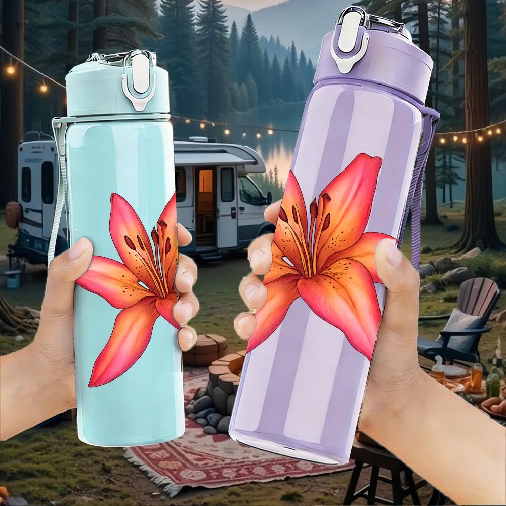 1PC Pink Lily Flower Illustration 750ml Color Plastic Sports Water Bottle Leakproof Flip Straw Lid Suitable for Sports Office Home Use
