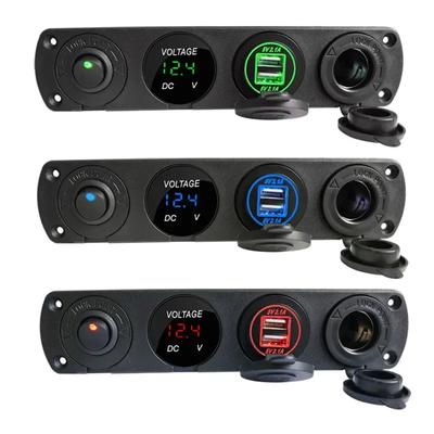 Panel de Interruptores Marinos 4 en 1 12V Toma de Cargador USB Dual Toma de Corriente LED Voltímetro Toma de Encendedor de Cigarrillos Interruptor de Botón ON/OFF