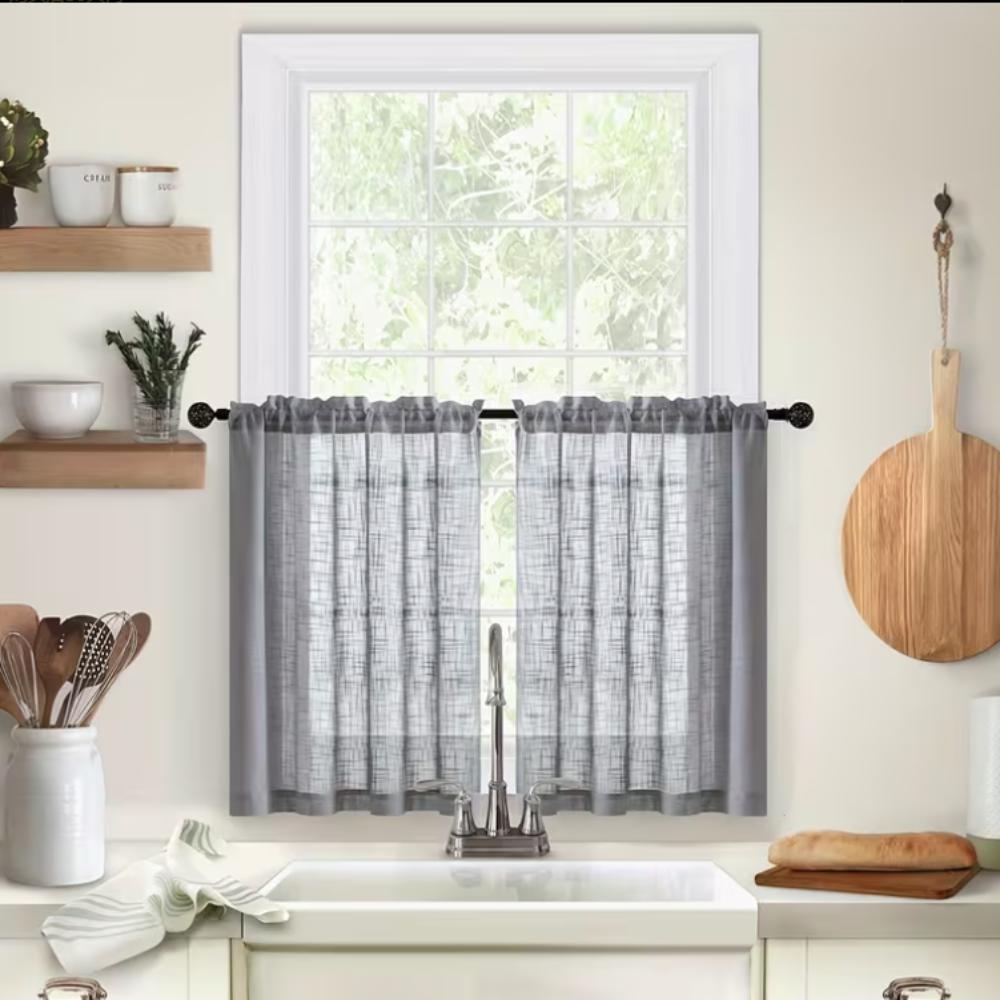 

2PCS Semi Transparent Linen Textured Kitchen Short Curtain Window Drapes Bathroom 25x25 in сірий