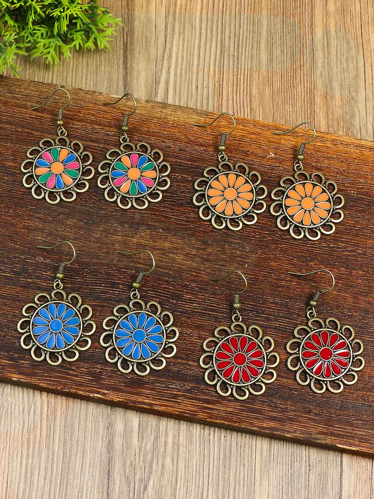 Vintage Bohemian Style Colorful Sunflower Alloy Dropping Oil Pendant Earrings Pendant Ornaments Women's Daily Versatile