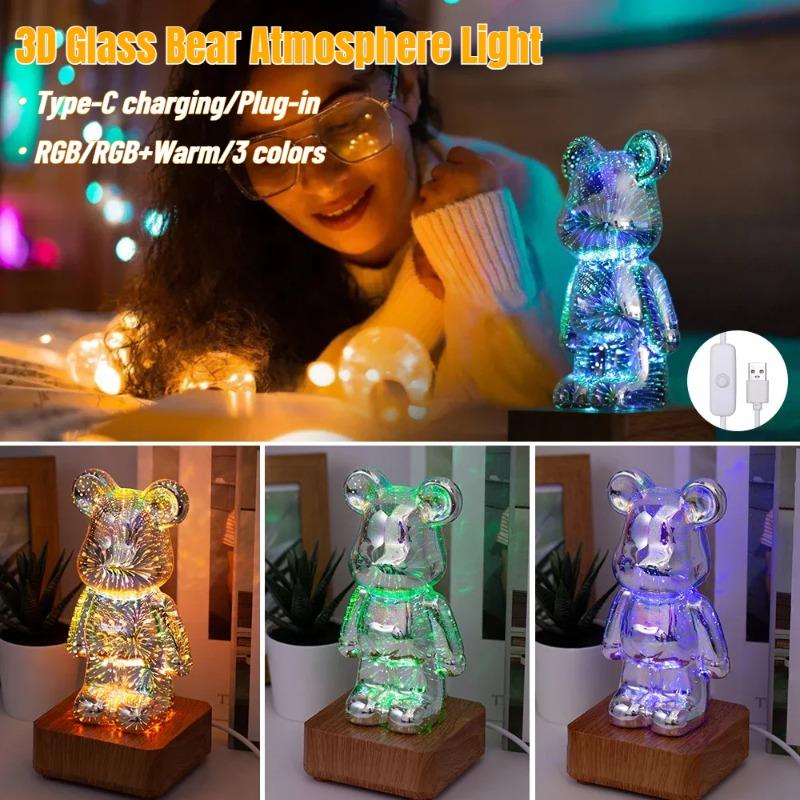 LED 3D Bear Fireworks Night Light USB Room Decoration Ambient Light Suitable for Children Room Bedroom Christmas Decoration
