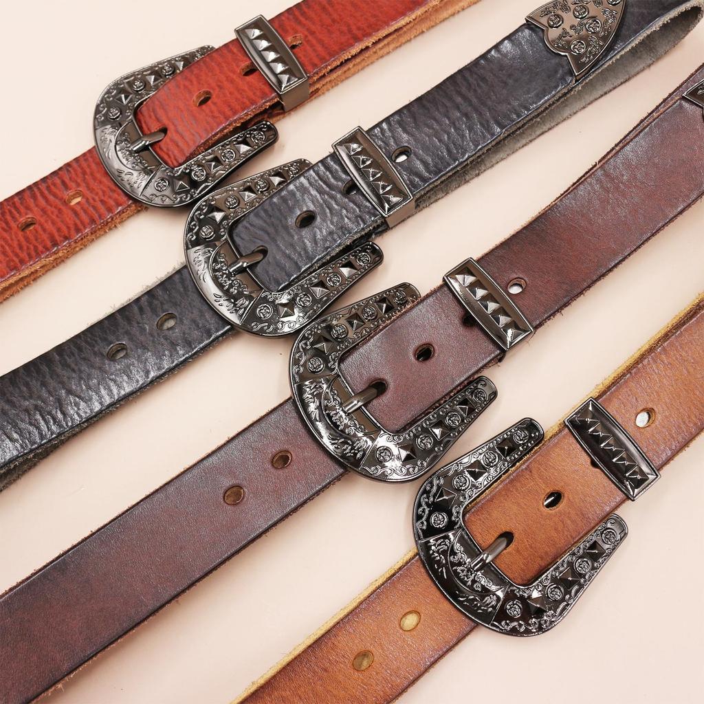 Men's Genuine Leather Western Belt with Texan Buckle - Top Layer Cowhide, Retro Style, Stock Clearance.