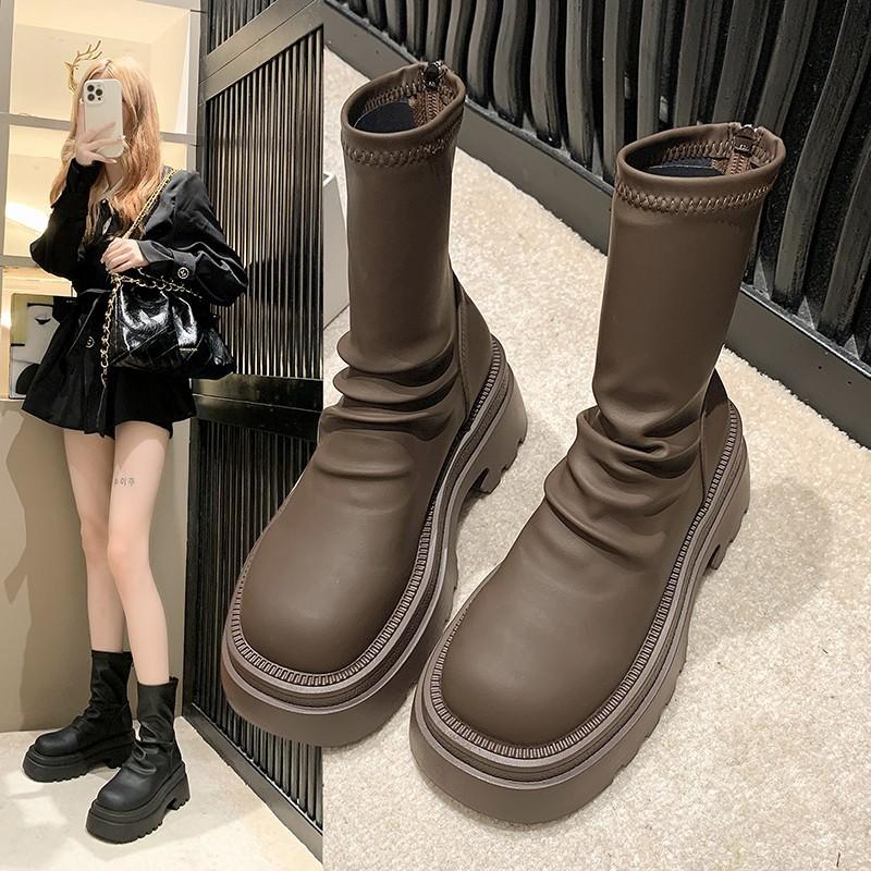 Folded Thick-soled Short Boots 2025 New Small Elastic Thin Boots Street Stacking Martin Boots