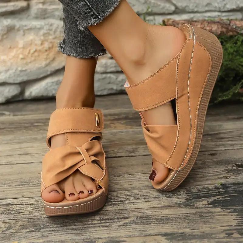 Fashion Vintage Soft Sole Platform Wedge Heels Slippers Women 2025 Summer Hollowed Out Bowknot Slides Bohemia Non Slip Beach Sandals
