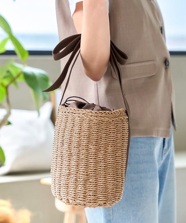 Kobe Lettuce Basket Bag with Ribbon Bucket Basket Handbag for Summer Cute Free Handle, Bag, Women, Summer, Festival, [B1610], Size, Ecru/Brown