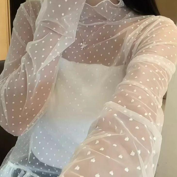 Korean Aesthetic High Neck Polka Dot Lace Ruffle Top
