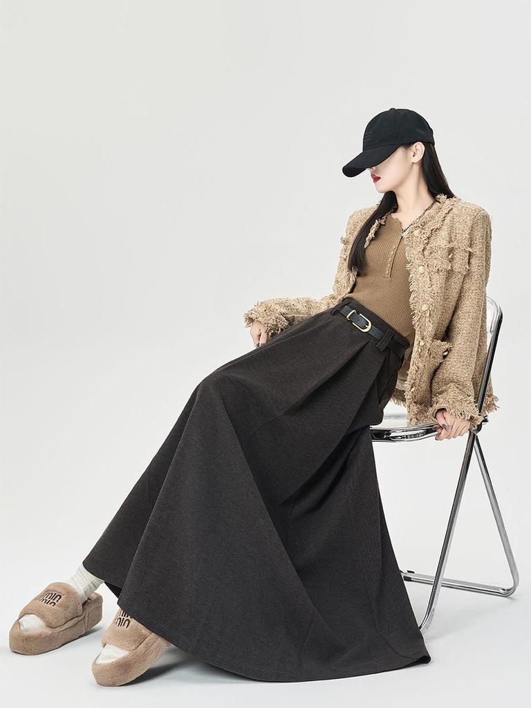 Women's High-Waist Wool Pleated A-Line Skirt - Autumn/Winter Mid-Length Swing Skirt