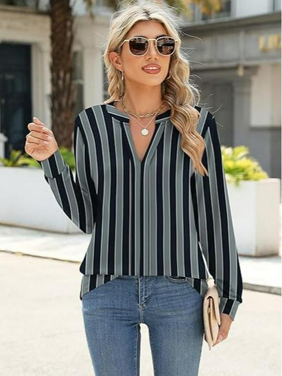 2026 Fall/Winter Women's V-neck Striped Plus Size Loose Long Sleeve Slimming Top