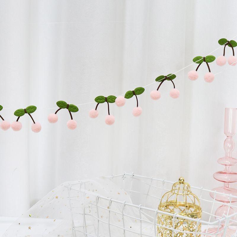 12pcs/Set Cute Cherry Felt Plush Ball Pull Flag - Festive String Hanging Decoration Birthday Party New Year Home Celebration