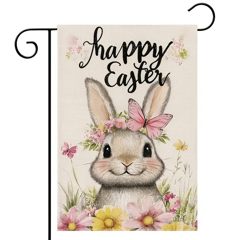 Happy Easter Bunny Garden Flag, Double-Sided Polyester, with Cute Rabbit & Floral Design, for Outdoor & Indoor Decor, Yard, Home
