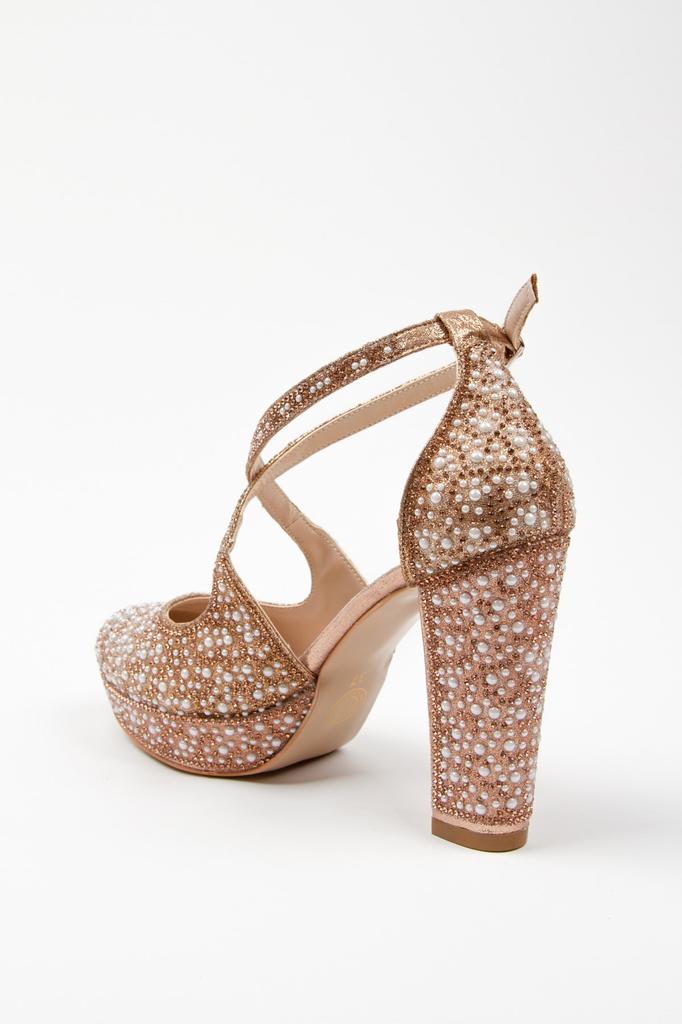 Modische Damen-Abendschuhe in Platin mit vollem Perlenstein und Absatz für die Party