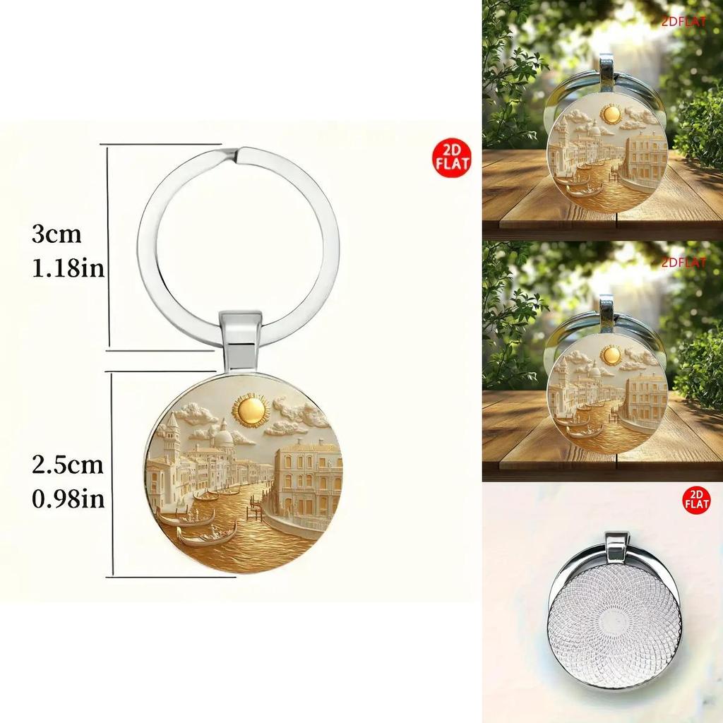 Water City Themed Glass Pendant Keyring With Zinc Alloy Construction For Collectors Gift