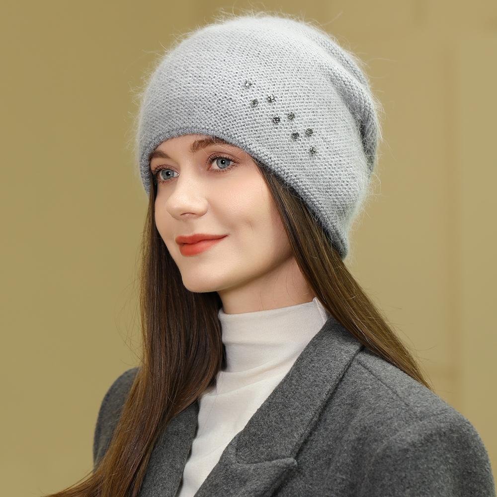New Women Rabbit Fur Gradient Winter Hat Fashion Decorate Beanie Hat Warm Winter Cap for Female Casual Streetwear Knitted Hat