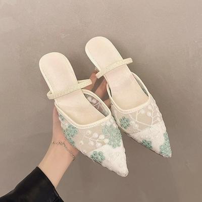 Fashion Women's Mesh Floral Embroidered Slingback High Heels Female Open Heel Pearl Studded Pointed Toe Sandals Sexy Stiletto Lady Mules