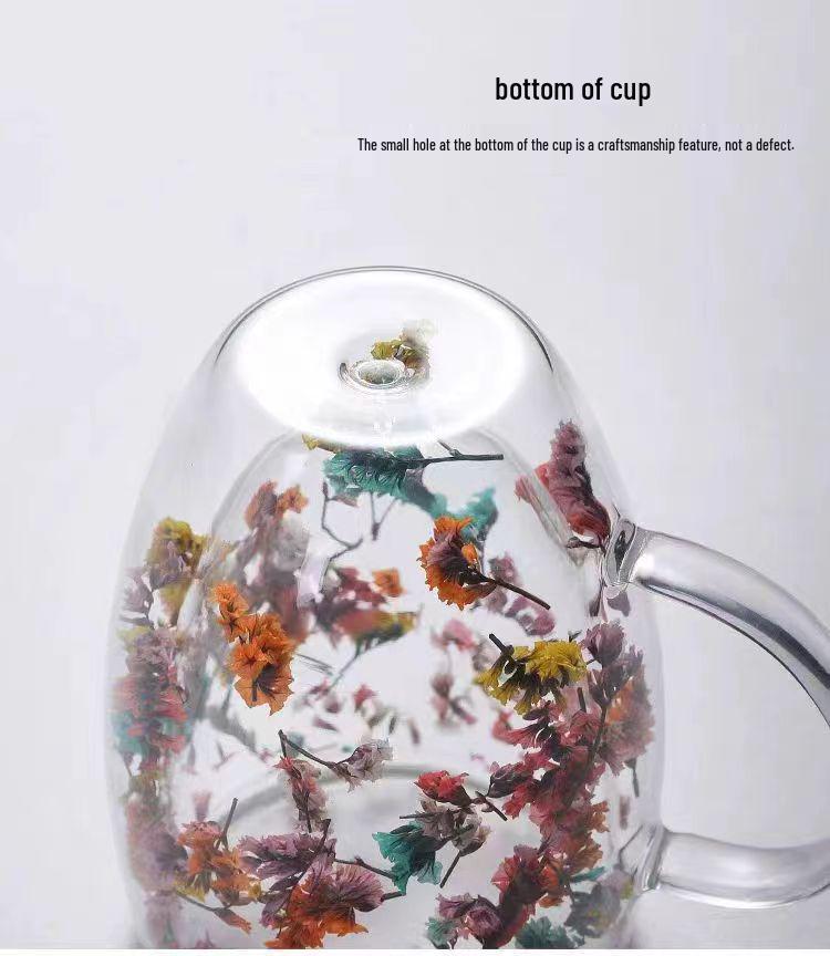 High-value Double-layer Glass Cup with Real Dried Flowers - Heat-resistant with Handle for Tea, Coffee, or Milk.