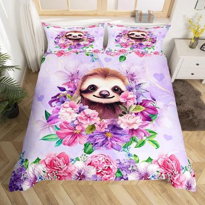 Housse de couette paresseux mignon Ensemble de literie floral à l'aquarelle Housse de couette animal de la jungle adorable Lit simple King Housse de couvre-lit paresseux Kawaii