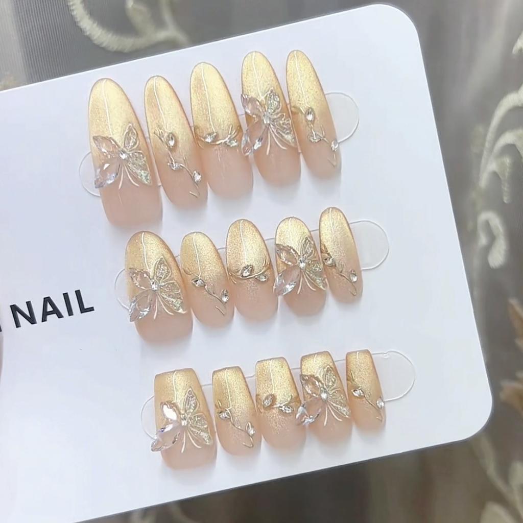 Pure Hand-made Phototherapy Wear Nail Piece Golden Branch Jade Leaves Wear Nail Finished Product Reused Nail Art