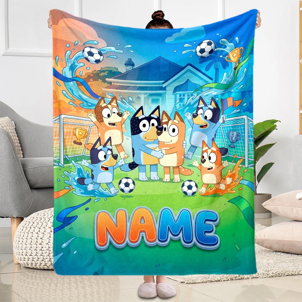 Soccer Fun Bluey Personalized Name Blanket Throw Customizable Blanket Comfortable Versatile for Living Room Seaside Sofa Picnics Ideal for All Seasons