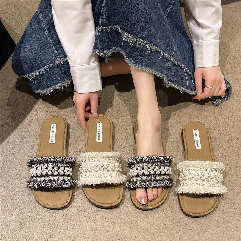 Fashion Hot Selling Summer Fashionable Sexy Light Casual Women's Shoe Comfortable Square Head Pearl Decoration Solid Color Flat Slippers
