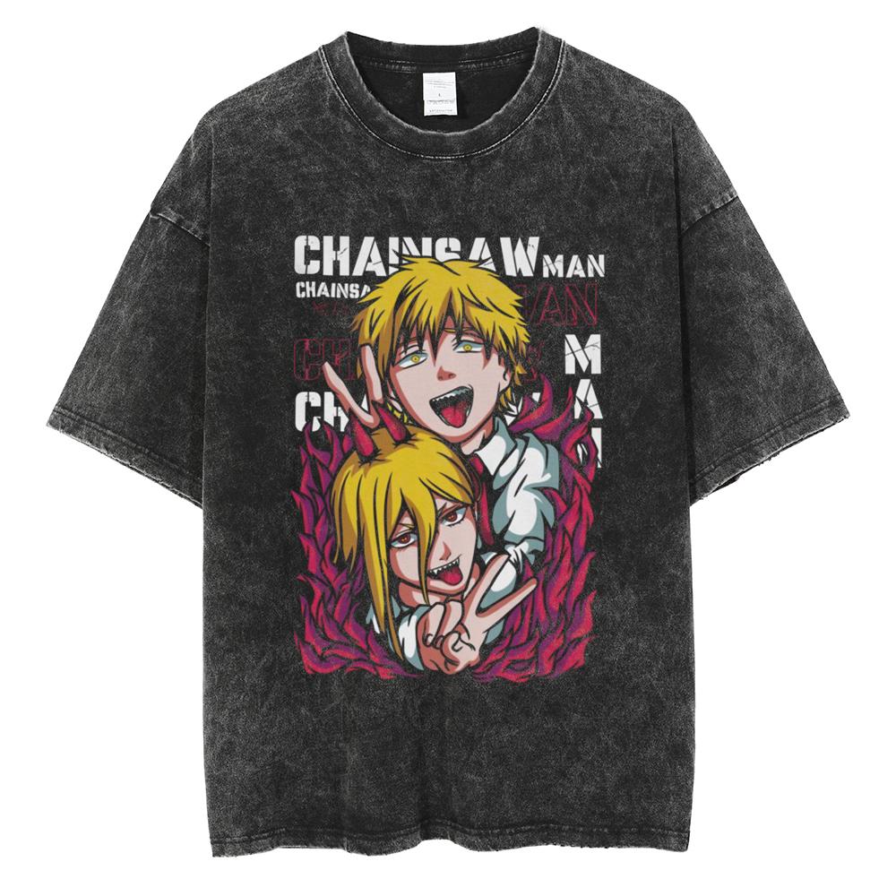 Anime Chainsaw Man Pochita Kawaii Printed Washed Tshirt Men Vintage Casual Tshirts Manga Cotton T Shirt Harajuku Male Tops