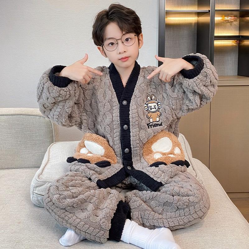 Boys Winter Warm Fleece Pajama Set With Zipper Collar Cartoon Print Long Sleeve Sleepwear Ages 8-14