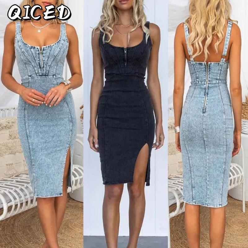QICED Fashion Summer Spring Solid Color Print Sleeveless U-Neck Casual Dresses