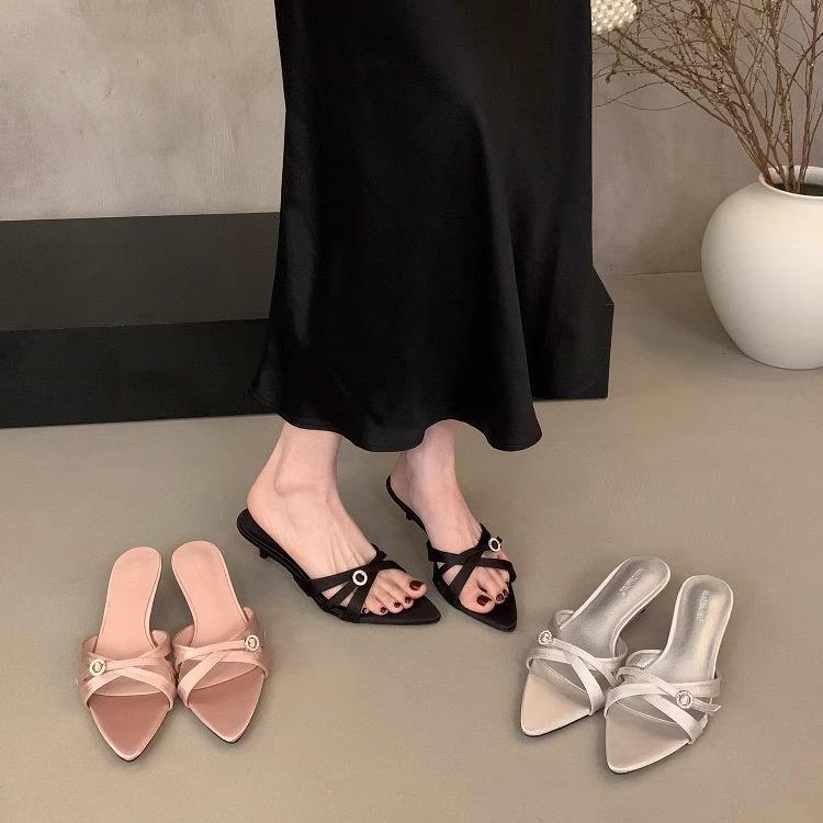 Fashion Shoes Pointed Toe Ladies' Slippers Women Heels Big Size High Slides Shoes Woman 2025 Big Size Slippers Heels Pointed Toe High