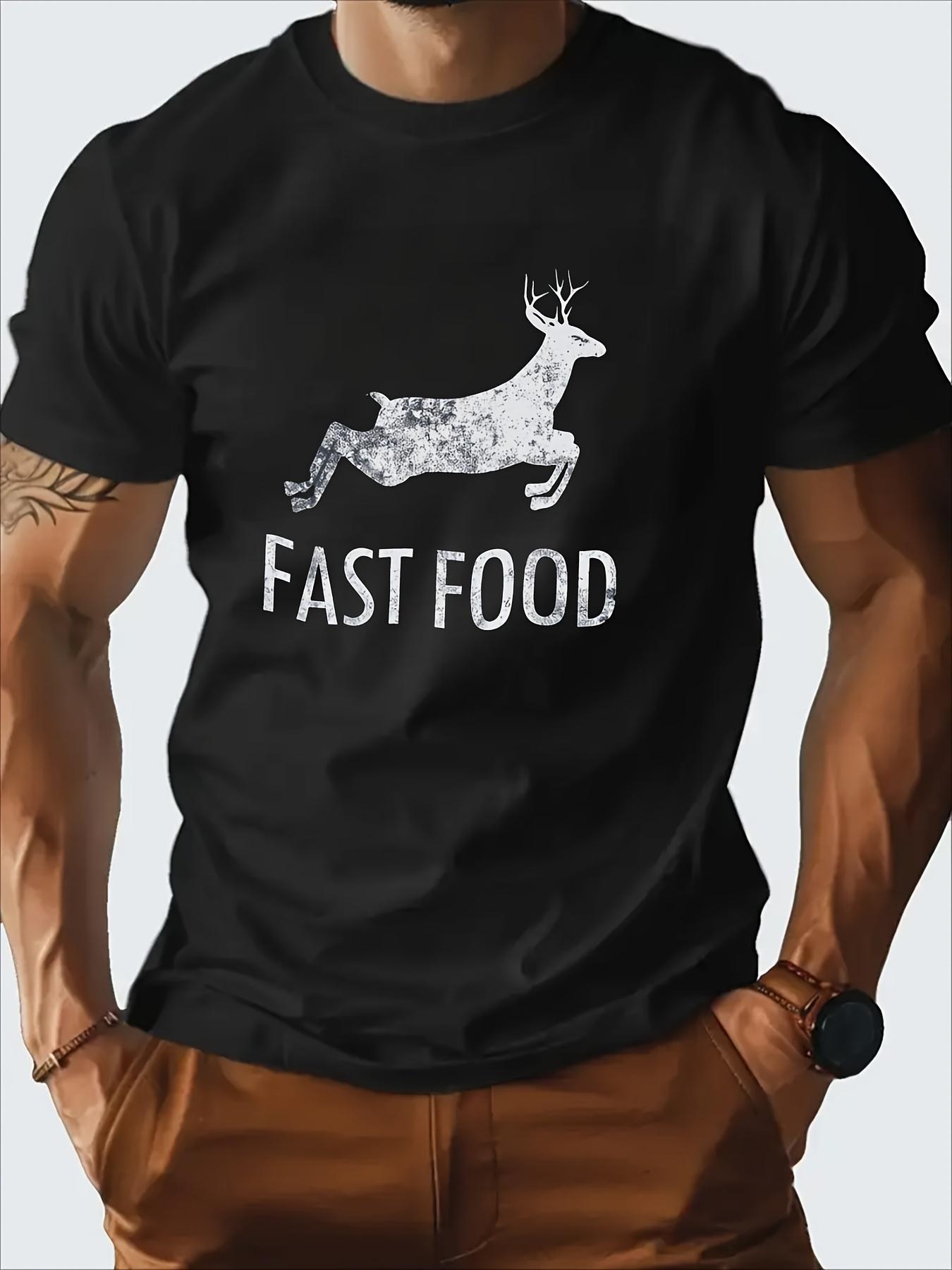 Funny Fast Food Deer Graphic T-shirt - Soft Breathable Cotton Tee with  FAST FOOD  Text - Lightweight Everyday Shirt for Casual Outfits S