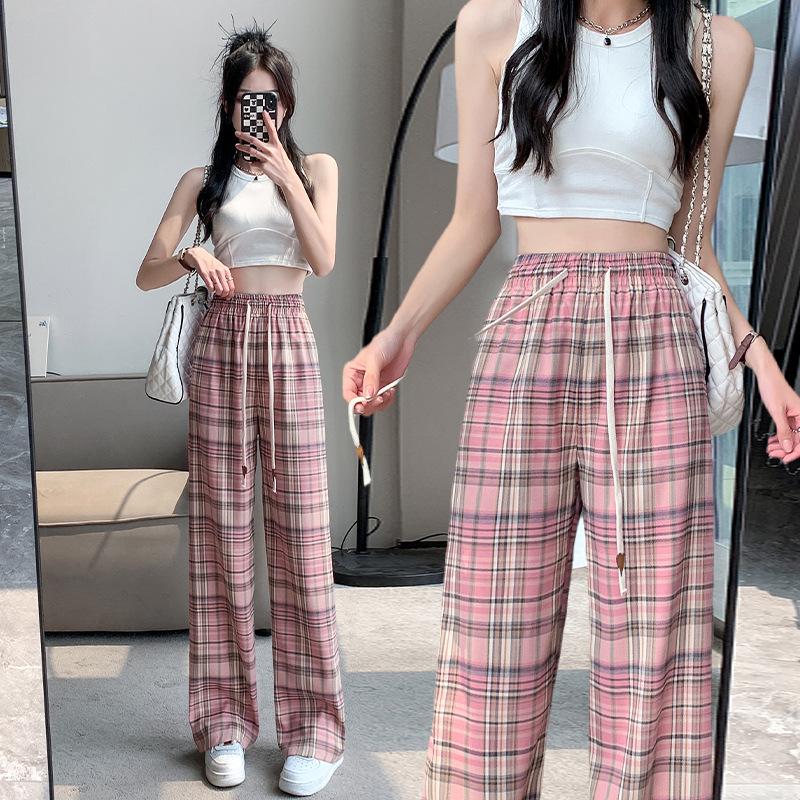 Petite Retro Pink Plaid Wide-Leg Pants, 150cm