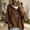 Long Sleeve Tops Autumn Women Knit Pullover Sweater, Loose Fit Drawstring Hooded Oversized Sweaters 3/4 Drop Shoulder Solid Color Casual Sweater Soft
