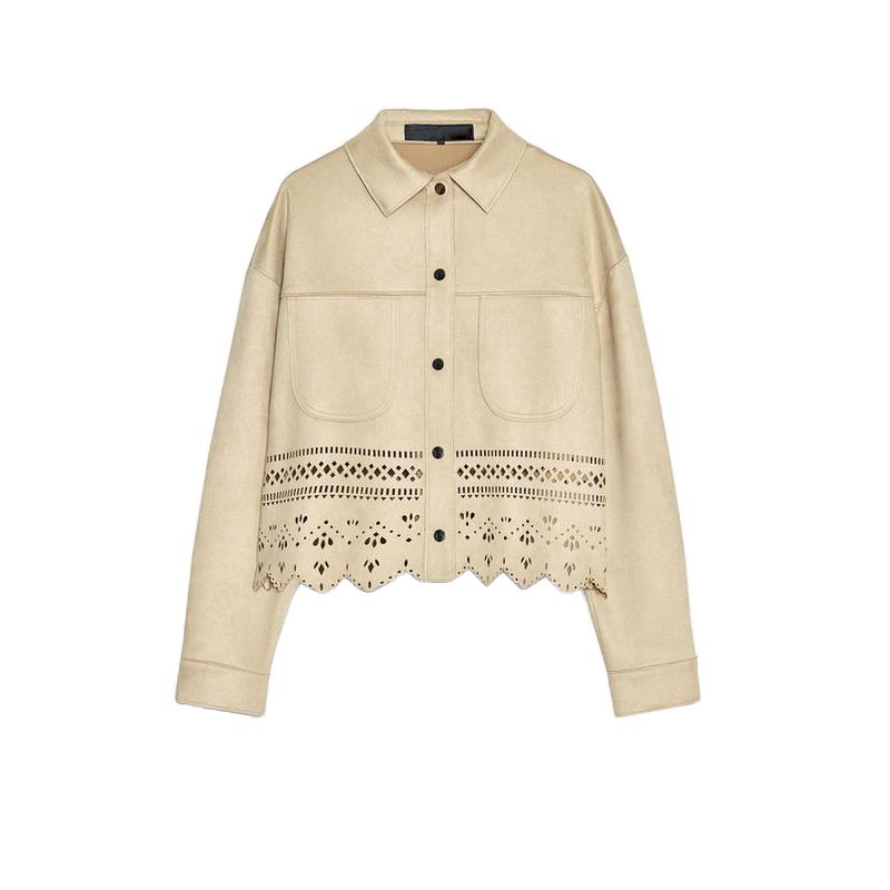 

Весна Новая Женская Одежда Простой Лацкан Длинные Рукава Эффект Замшевой Текстуры Высечка Куртка Верхняя Одежда 4968026 Tan L