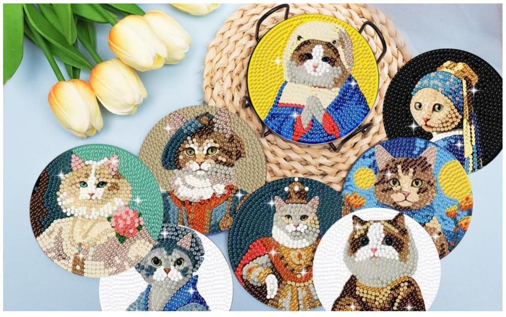 Astartia Diamond Art Coaster DIY Diamond Beads 5D Diamond Painting Cat Diamond Painting for and Art Craft 8 Coasters with Cute and Stylish Kit, Kit,