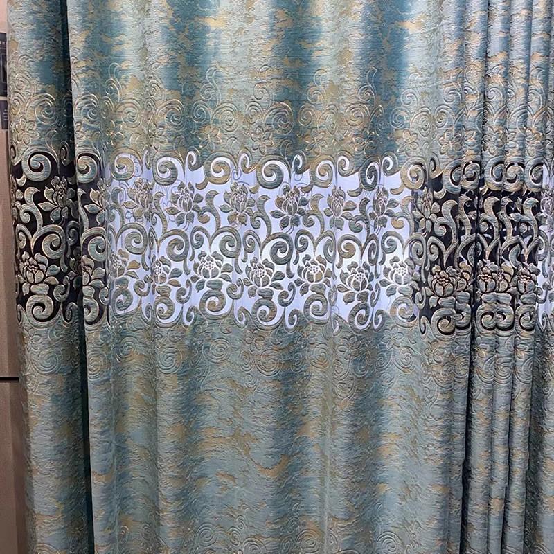 Elegant European Style Blue Velvet Curtains With Embroidered Cutwork Sheer Living Room Balcony Floor To Ceiling Windows