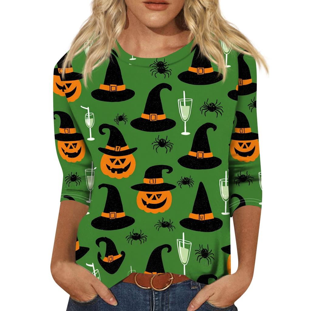 Women's Casual Halloween Print Top Three Quarter Sleeve Crew Neck Shirt Lightweight Comfortable Fit Seasonal Design