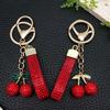 Cherry Lanyard Keychain with Red Fruit Rhinestones and Green Leaves Pendant