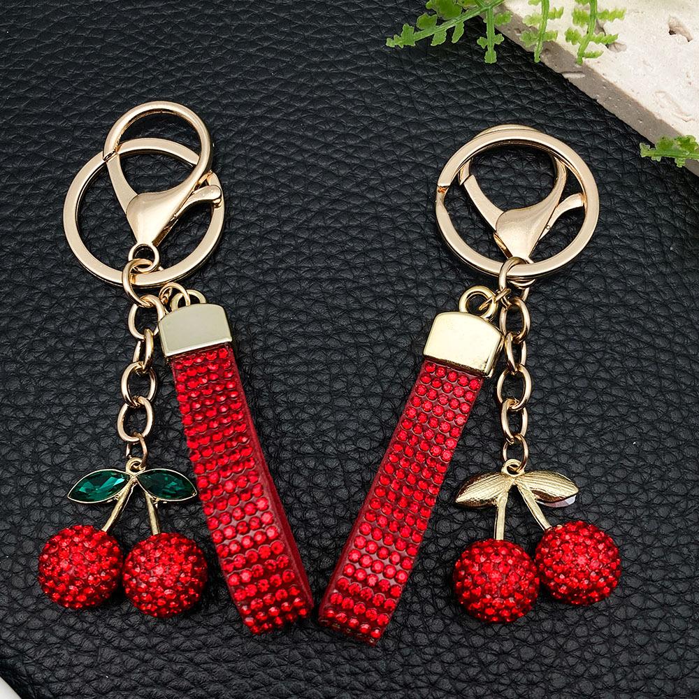 Cherry Lanyard Keychain with Red Fruit Rhinestones and Green Leaves Pendant