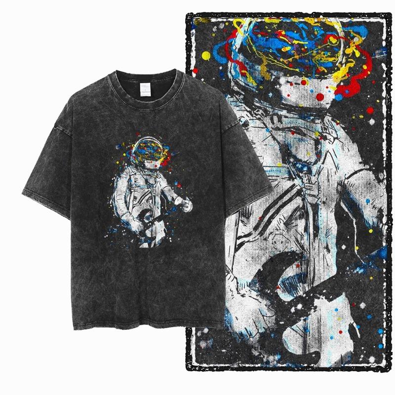 SA ASTRONAUT SPACE THEMES Printed  Acid Washed Graphic Unisex T Shirt Cool Streetwear Men Tshirts Big Size Tee for Men
